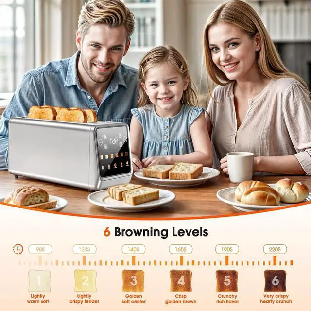 Alt view image 4 of 6 - 4-Slice Smart Toaster with Touch Screen | 1400W Fast Even Toast & Stainless Steel | 2x1.5" Extra-Wide Slots for Bagels | Memory Function, 6 Shade Settings
