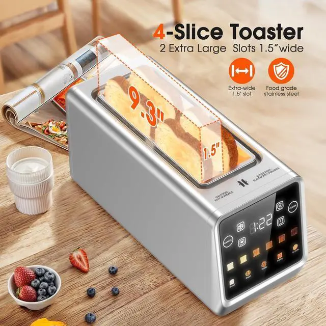 Alt view image 5 of 6 - 4-Slice Smart Toaster with Touch Screen | 1400W Fast Even Toast & Stainless Steel | 2x1.5" Extra-Wide Slots for Bagels | Memory Function, 6 Shade Settings