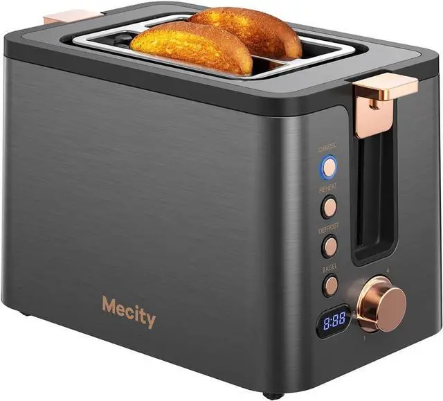 Main image of Mecity Toaster 2 Slice Stainless Steel Body Timer, Bagel/Defrost/Reheat/Cancel Functions,Warming Rack, Removable Tray, 6 Browning Settings, Extra Wide Slots, Bread Toaster, 120V 800W Grey