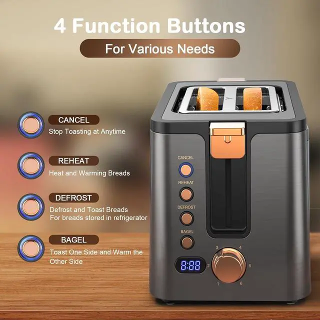 Alt view image 5 of 7 - Mecity Toaster 2 Slice Stainless Steel Body Timer, Bagel/Defrost/Reheat/Cancel Functions,Warming Rack, Removable Tray, 6 Browning Settings, Extra Wide Slots, Bread Toaster, 120V 800W Grey