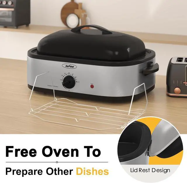 Alt view image 4 of 6 - Sunvivi 14-Quart Electric Roaster Oven with Self-Basting Lid, Turkey Roaster Oven with Rack, Stainless Steel, Silver