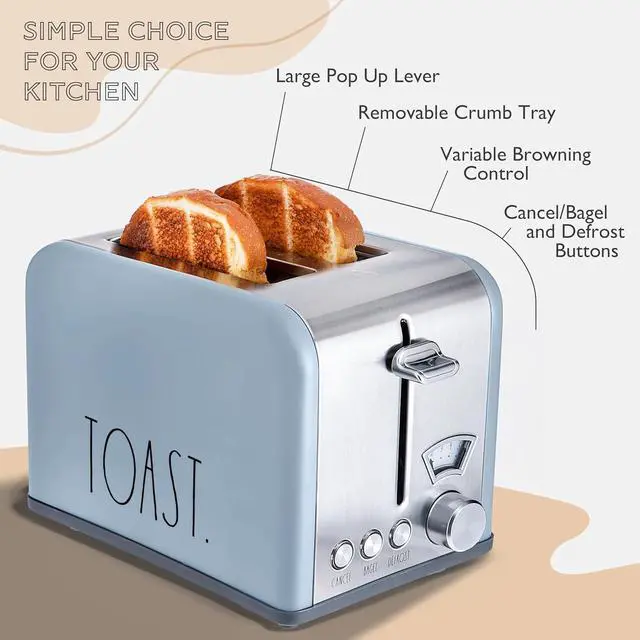 Alt view image 3 of 6 - Rae Dunn Toaster, Stainless Steel 2 Slice Square Toaster, Wide Slot with 5 Browning Levels, with Bagel, Defrost and Cancel Options (Baby Blue)