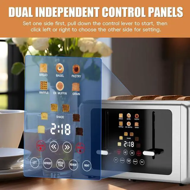 Alt view image 2 of 7 - whall 4 Slice Touch Screen Toaster, Stainless Steel Toasters Digital Timer, Dual Control Panel Toasters6 Shade Settings6 Bread Types, Smart Wide Slots, Bagel, Cancel, Defrost,Stainless Steel