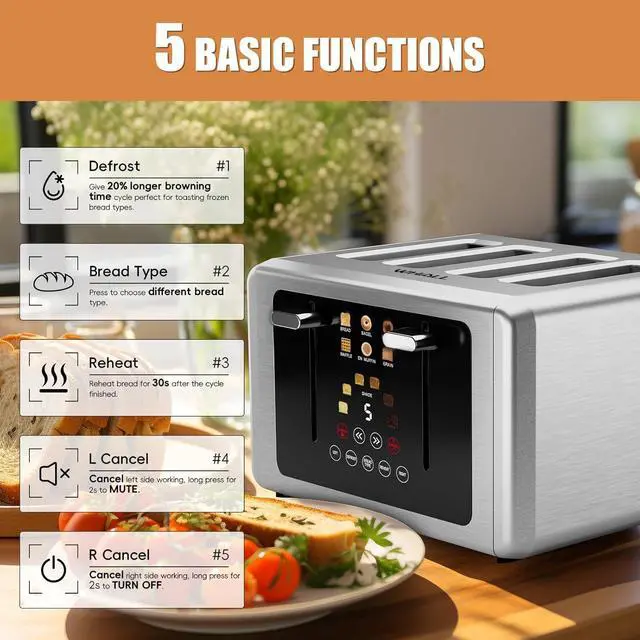 Alt view image 3 of 7 - whall 4 Slice Touch Screen Toaster, Stainless Steel Toasters Digital Timer, Dual Control Panel Toasters6 Shade Settings6 Bread Types, Smart Wide Slots, Bagel, Cancel, Defrost,Stainless Steel