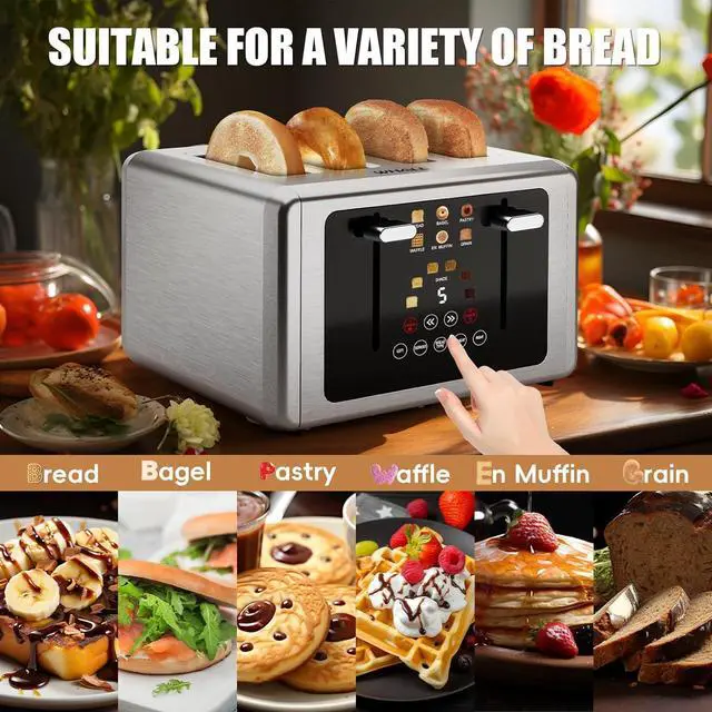 Alt view image 4 of 7 - whall 4 Slice Touch Screen Toaster, Stainless Steel Toasters Digital Timer, Dual Control Panel Toasters6 Shade Settings6 Bread Types, Smart Wide Slots, Bagel, Cancel, Defrost,Stainless Steel