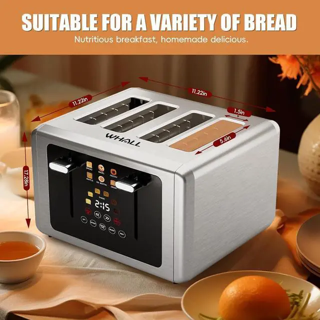 Alt view image 5 of 7 - whall 4 Slice Touch Screen Toaster, Stainless Steel Toasters Digital Timer, Dual Control Panel Toasters6 Shade Settings6 Bread Types, Smart Wide Slots, Bagel, Cancel, Defrost,Stainless Steel