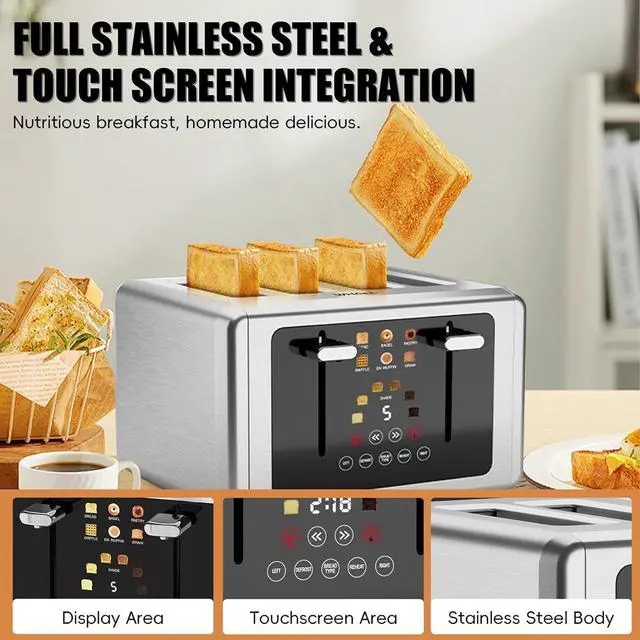 Alt view image 6 of 7 - whall 4 Slice Touch Screen Toaster, Stainless Steel Toasters Digital Timer, Dual Control Panel Toasters6 Shade Settings6 Bread Types, Smart Wide Slots, Bagel, Cancel, Defrost,Stainless Steel