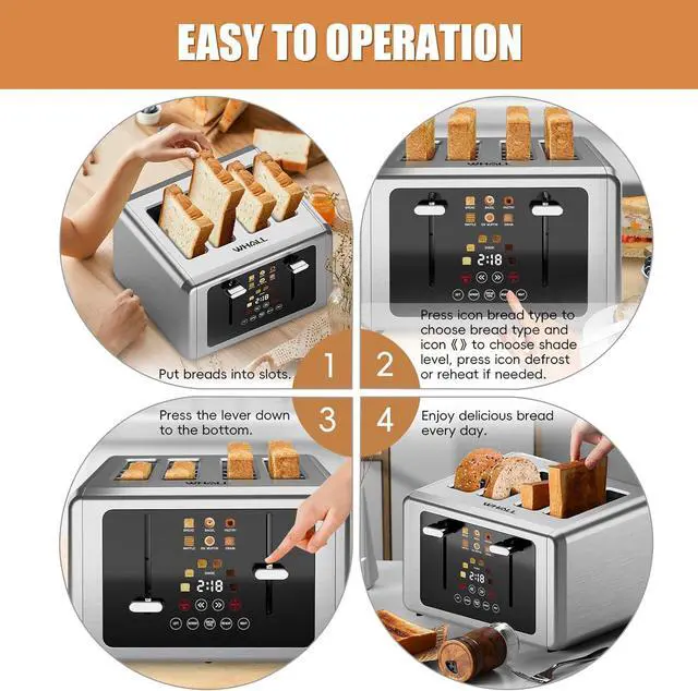 Alt view image 7 of 7 - whall 4 Slice Touch Screen Toaster, Stainless Steel Toasters Digital Timer, Dual Control Panel Toasters6 Shade Settings6 Bread Types, Smart Wide Slots, Bagel, Cancel, Defrost,Stainless Steel
