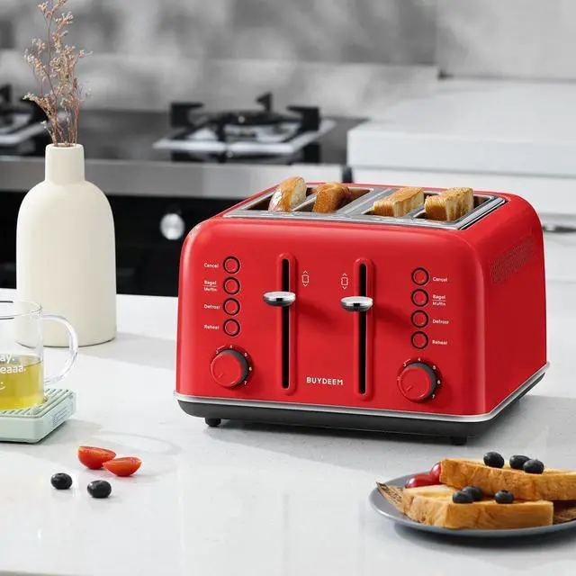 Alt view image 7 of 7 - BUYDEEM DT640 4-Slice Toaster, Extra Wide Slots, Retro Stainless Steel with High Lift Lever, Bagel and Muffin Function, Removal Crumb Tray, 7-Shade Settings,Red