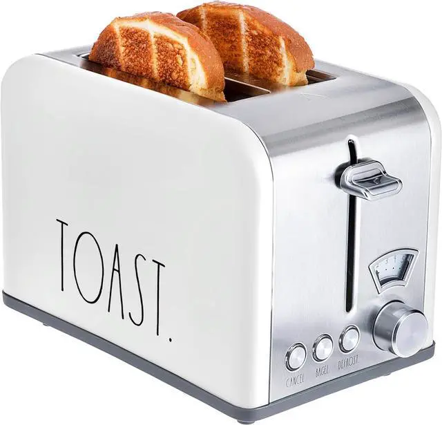 Main image of Rae Dunn Toaster, Stainless Steel 2 Slice Square Toaster, Wide Slot with 5 Browning Levels, with Bagel, Defrost and Cancel Options (White)