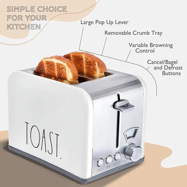 Alt view image 3 of 6 - Rae Dunn Toaster, Stainless Steel 2 Slice Square Toaster, Wide Slot with 5 Browning Levels, with Bagel, Defrost and Cancel Options (White)