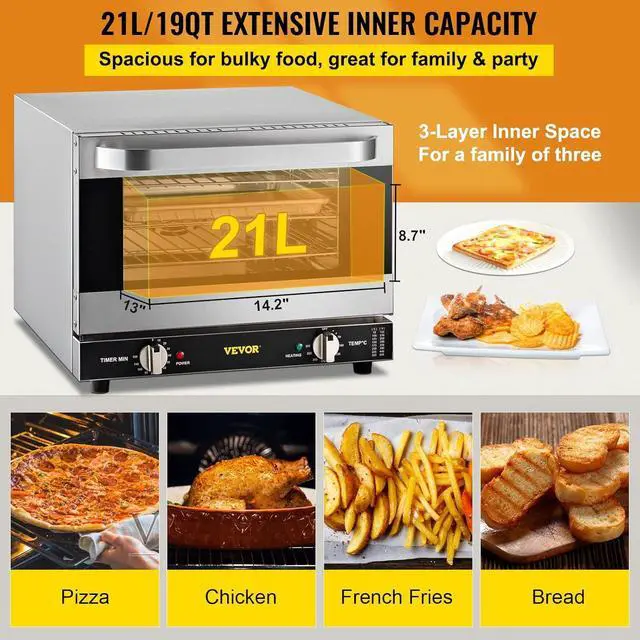 Alt view image 3 of 7 - VEVOR Commercial Convection Oven, 21L/19Qt, Quarter-Size Conventional Oven Countertop, 1440W 3-Tier Toaster w/Front Glass Door, Electric Baking Oven w/Trays Wire Racks Clip Gloves, 120V