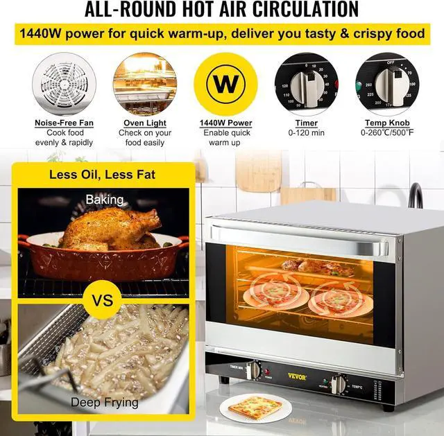 Alt view image 4 of 7 - VEVOR Commercial Convection Oven, 21L/19Qt, Quarter-Size Conventional Oven Countertop, 1440W 3-Tier Toaster w/Front Glass Door, Electric Baking Oven w/Trays Wire Racks Clip Gloves, 120V