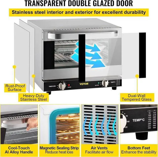 Alt view image 5 of 7 - VEVOR Commercial Convection Oven, 21L/19Qt, Quarter-Size Conventional Oven Countertop, 1440W 3-Tier Toaster w/Front Glass Door, Electric Baking Oven w/Trays Wire Racks Clip Gloves, 120V