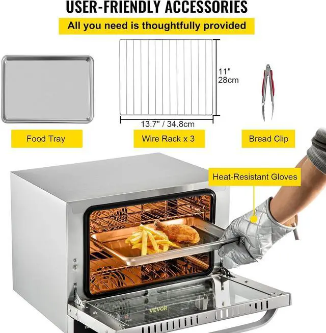 Alt view image 6 of 7 - VEVOR Commercial Convection Oven, 21L/19Qt, Quarter-Size Conventional Oven Countertop, 1440W 3-Tier Toaster w/Front Glass Door, Electric Baking Oven w/Trays Wire Racks Clip Gloves, 120V