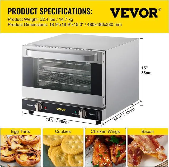 Alt view image 7 of 7 - VEVOR Commercial Convection Oven, 21L/19Qt, Quarter-Size Conventional Oven Countertop, 1440W 3-Tier Toaster w/Front Glass Door, Electric Baking Oven w/Trays Wire Racks Clip Gloves, 120V