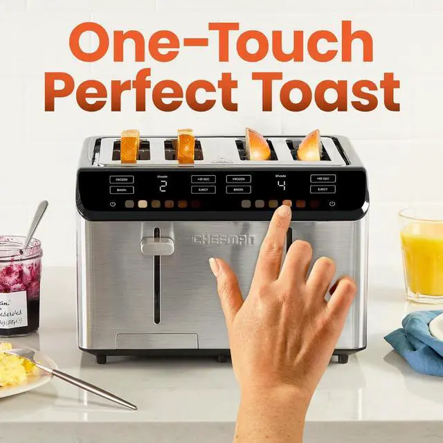 Alt view image 2 of 7 - Chefman Smart Touch 4 Slice Digital Toaster, 6 Shade Settings, Touchscreen Bagel Toaster 4 Slice with Extra-Wide Slots, +10 Seconds, Defrost, Removable Crumb Tray  Stainless Steel
