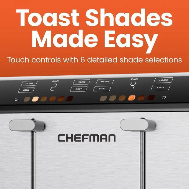 Alt view image 4 of 7 - Chefman Smart Touch 4 Slice Digital Toaster, 6 Shade Settings, Touchscreen Bagel Toaster 4 Slice with Extra-Wide Slots, +10 Seconds, Defrost, Removable Crumb Tray  Stainless Steel