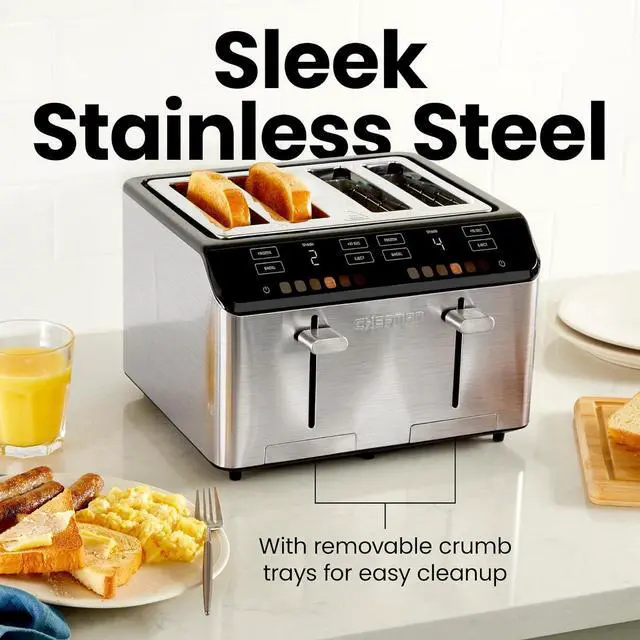 Alt view image 6 of 7 - Chefman Smart Touch 4 Slice Digital Toaster, 6 Shade Settings, Touchscreen Bagel Toaster 4 Slice with Extra-Wide Slots, +10 Seconds, Defrost, Removable Crumb Tray  Stainless Steel