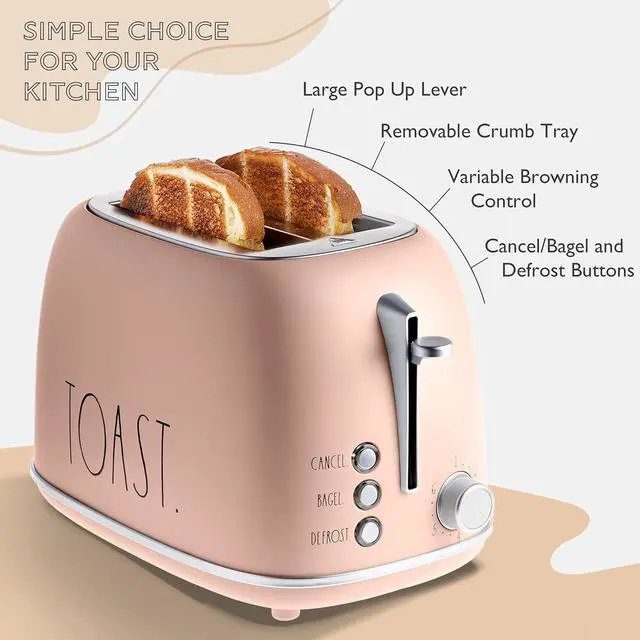 Alt view image 3 of 6 - Rae Dunn Retro Rounded Bread Toaster, 2 Slice Stainless Steel Toaster with Removable Crumb Tray, Wide Slot with 6 Browning Levels, Bagel, Defrost and Cancel Options, Blush