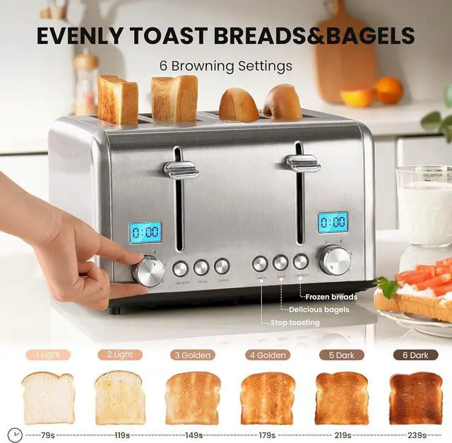 Alt view image 3 of 7 - Countdown Stainless Steel 4 Slice Toaster with Bagel, Defrost, Cancel Function, Dual Toaster, Extra Wide Slots, 6 Shade Settings, Removable Crumb Trays, 1650W