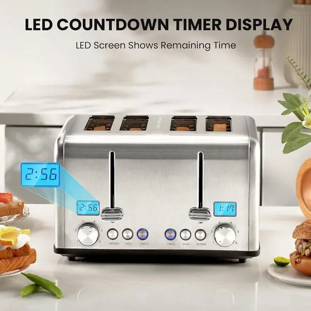 Alt view image 4 of 7 - Countdown Stainless Steel 4 Slice Toaster with Bagel, Defrost, Cancel Function, Dual Toaster, Extra Wide Slots, 6 Shade Settings, Removable Crumb Trays, 1650W