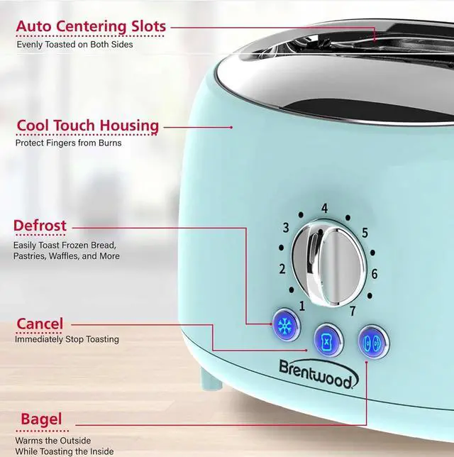 Alt view image 3 of 7 - Brentwood Appliances Cool-Touch 2-Slice Retro Toaster with Extra-Wide Slots (Blue)