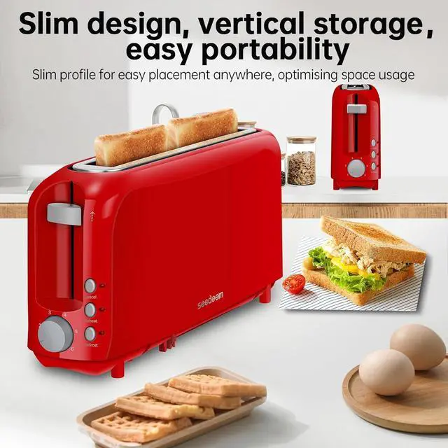 Alt view image 2 of 7 - SEEDEEM 2 Slice Slim Toaster, Single 10" Long Slot Toaster Fits Bagels & Artisan Bread, 6 Shade Settings, Cancel/Reheat/Defrost, Removable Crumb Tray, Auto Shut-Off, Red