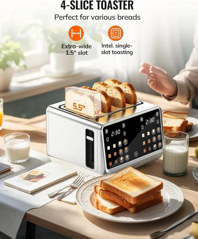 Alt view image 2 of 7 - Keenstone Toaster 4 Slice, Digital Smart Toaster with TouchScreen, Dual Control Panel, Single Slot Toasting, Timer, Reheat & Defrost for Bagels, Bread, Waffles, Stainless Steel Kitchen Essentials