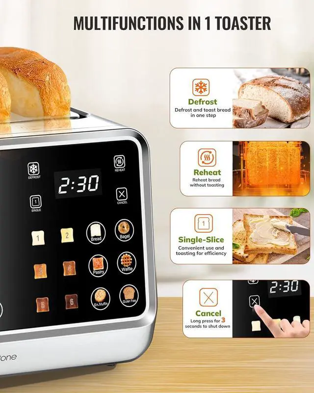 Alt view image 3 of 7 - Keenstone Toaster 4 Slice, Digital Smart Toaster with TouchScreen, Dual Control Panel, Single Slot Toasting, Timer, Reheat & Defrost for Bagels, Bread, Waffles, Stainless Steel Kitchen Essentials
