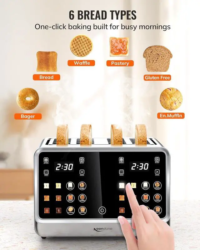 Alt view image 5 of 7 - Keenstone Toaster 4 Slice, Digital Smart Toaster with TouchScreen, Dual Control Panel, Single Slot Toasting, Timer, Reheat & Defrost for Bagels, Bread, Waffles, Stainless Steel Kitchen Essentials