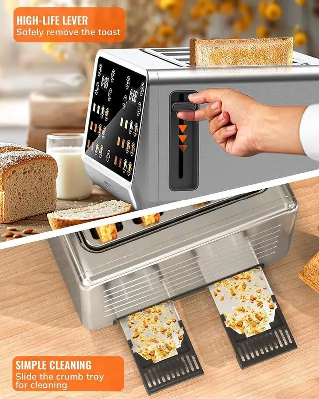 Alt view image 6 of 7 - Keenstone Toaster 4 Slice, Digital Smart Toaster with TouchScreen, Dual Control Panel, Single Slot Toasting, Timer, Reheat & Defrost for Bagels, Bread, Waffles, Stainless Steel Kitchen Essentials
