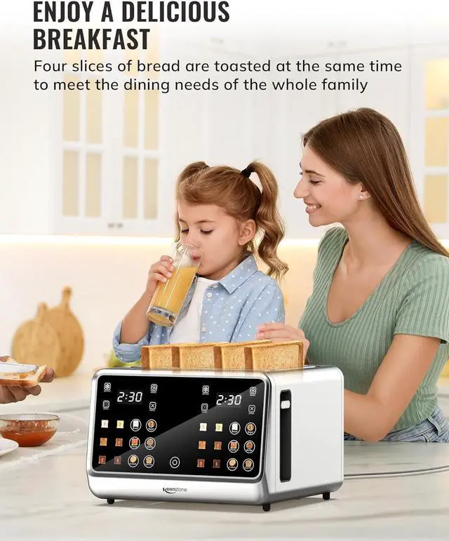 Alt view image 7 of 7 - Keenstone Toaster 4 Slice, Digital Smart Toaster with TouchScreen, Dual Control Panel, Single Slot Toasting, Timer, Reheat & Defrost for Bagels, Bread, Waffles, Stainless Steel Kitchen Essentials