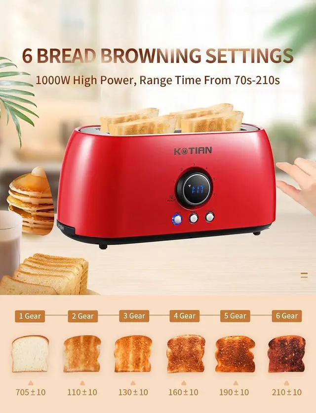 Alt view image 2 of 7 - Toaster 4 Slice,KOTIAN Retro Long Slot Toasters with Countdown Timer,Stainless Steel Toaster,Bagel,Defrost,Reheat,Cancel Functions,Extra Wide Slots,6 Toast Settings,Removable Crumbs Tray,Red