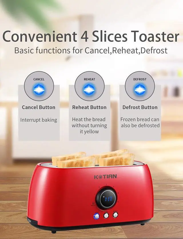 Alt view image 3 of 7 - Toaster 4 Slice,KOTIAN Retro Long Slot Toasters with Countdown Timer,Stainless Steel Toaster,Bagel,Defrost,Reheat,Cancel Functions,Extra Wide Slots,6 Toast Settings,Removable Crumbs Tray,Red