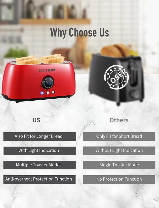 Alt view image 6 of 7 - Toaster 4 Slice,KOTIAN Retro Long Slot Toasters with Countdown Timer,Stainless Steel Toaster,Bagel,Defrost,Reheat,Cancel Functions,Extra Wide Slots,6 Toast Settings,Removable Crumbs Tray,Red