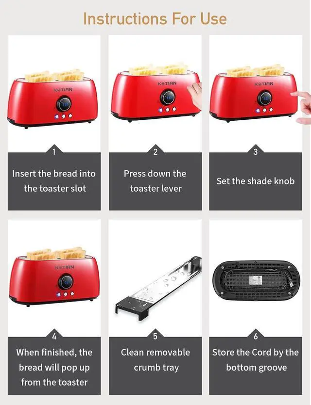 Alt view image 5 of 7 - Toaster 4 Slice,KOTIAN Retro Long Slot Toasters with Countdown Timer,Stainless Steel Toaster,Bagel,Defrost,Reheat,Cancel Functions,Extra Wide Slots,6 Toast Settings,Removable Crumbs Tray,Red