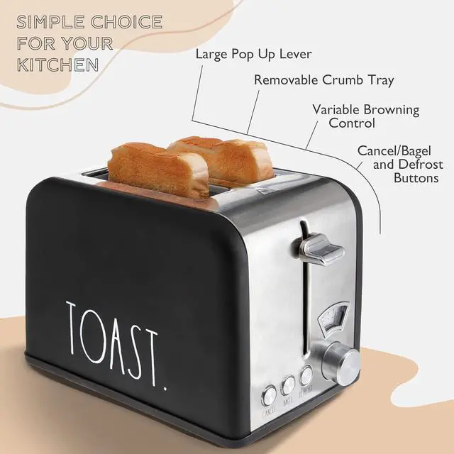 Alt view image 3 of 7 - Rae Dunn Toaster, Stainless Steel 2 Slice Square Toaster, Wide Slot with 5 Browning Levels, with Bagel, Defrost and Cancel Options (Black)
