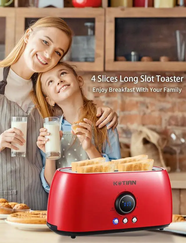 Alt view image 7 of 7 - Toaster 4 Slice,KOTIAN Retro Long Slot Toasters with Countdown Timer,Stainless Steel Toaster,Bagel,Defrost,Reheat,Cancel Functions,Extra Wide Slots,6 Toast Settings,Removable Crumbs Tray,Red