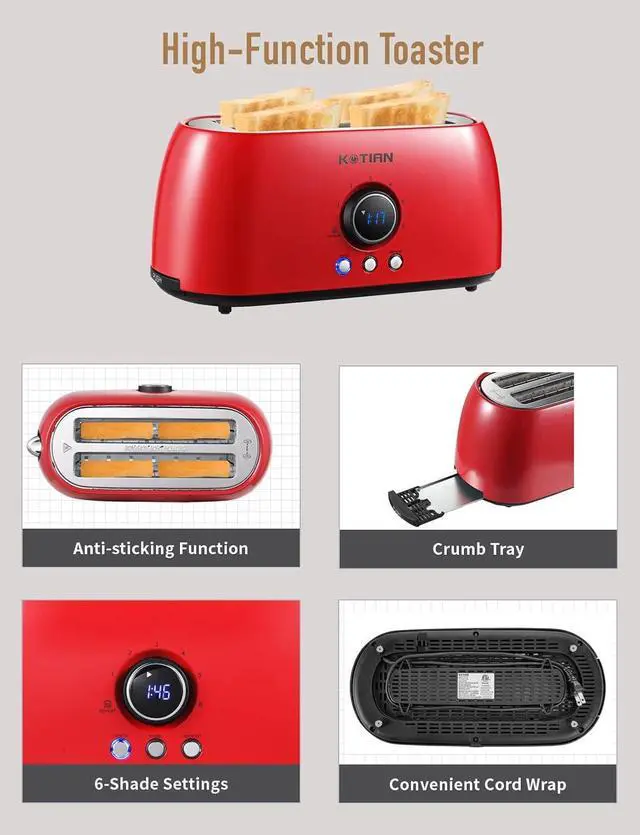 Alt view image 4 of 7 - Toaster 4 Slice,KOTIAN Retro Long Slot Toasters with Countdown Timer,Stainless Steel Toaster,Bagel,Defrost,Reheat,Cancel Functions,Extra Wide Slots,6 Toast Settings,Removable Crumbs Tray,Red