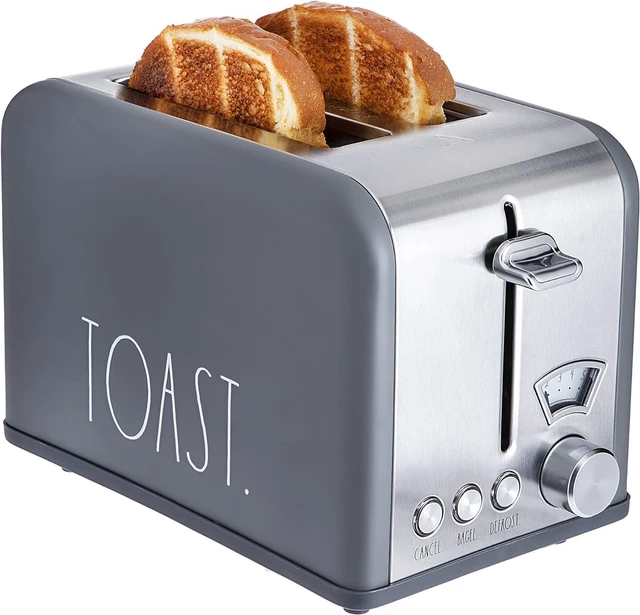 Main image of Rae Dunn Toaster, Stainless Steel 2 Slice Square Toaster, Wide Slot with 5 Browning Levels, with Bagel, Defrost and Cancel Options (Grey)