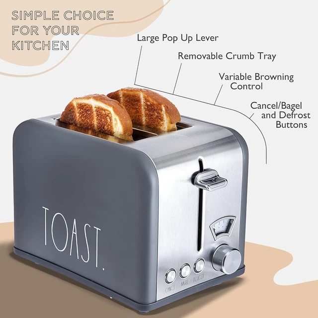 Alt view image 3 of 7 - Rae Dunn Toaster, Stainless Steel 2 Slice Square Toaster, Wide Slot with 5 Browning Levels, with Bagel, Defrost and Cancel Options (Grey)
