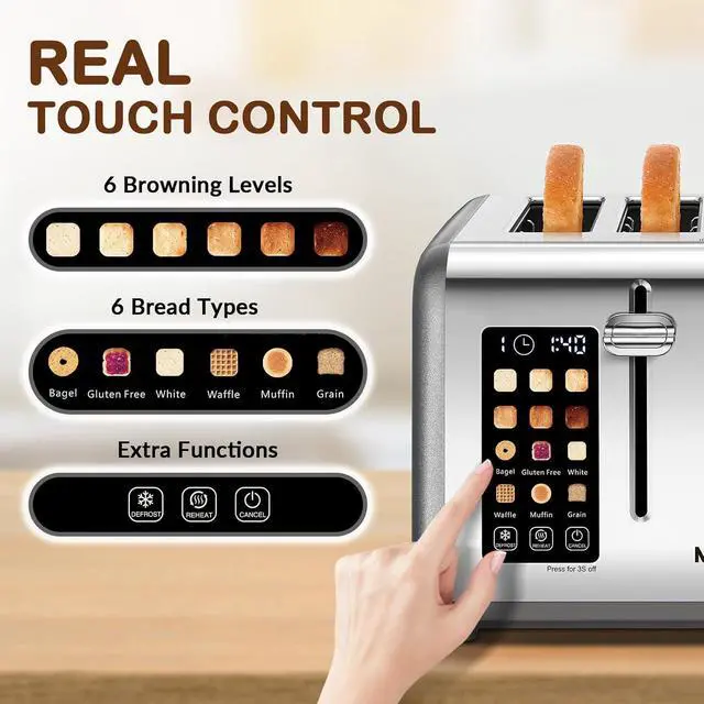 Alt view image 2 of 7 - Mecity 4 Slice Toaster with Touch Screen Control, 4 Wide Slots, Stainless Steel Smart Bread Toaster for Bagels, Muffins, Waffles, Dual Control Panel, Timer, Defrost, Reheat, 120V 1650W, Pearl Grey