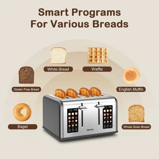 Alt view image 3 of 7 - Mecity 4 Slice Toaster with Touch Screen Control, 4 Wide Slots, Stainless Steel Smart Bread Toaster for Bagels, Muffins, Waffles, Dual Control Panel, Timer, Defrost, Reheat, 120V 1650W, Pearl Grey