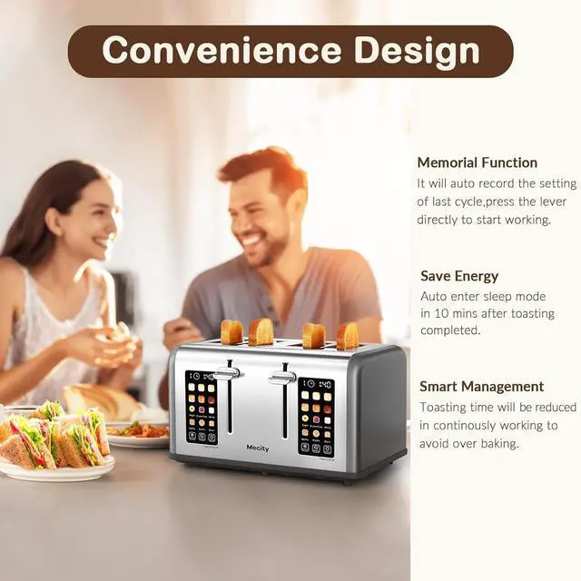 Alt view image 5 of 7 - Mecity 4 Slice Toaster with Touch Screen Control, 4 Wide Slots, Stainless Steel Smart Bread Toaster for Bagels, Muffins, Waffles, Dual Control Panel, Timer, Defrost, Reheat, 120V 1650W, Pearl Grey