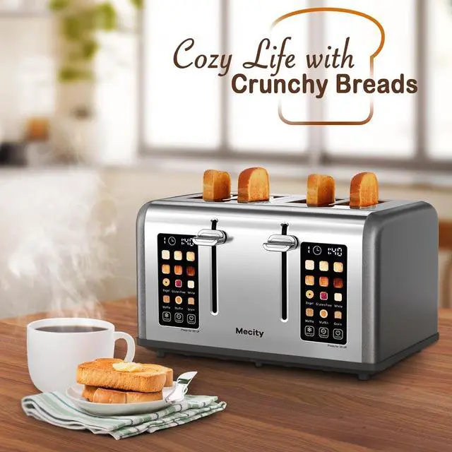 Alt view image 7 of 7 - Mecity 4 Slice Toaster with Touch Screen Control, 4 Wide Slots, Stainless Steel Smart Bread Toaster for Bagels, Muffins, Waffles, Dual Control Panel, Timer, Defrost, Reheat, 120V 1650W, Pearl Grey