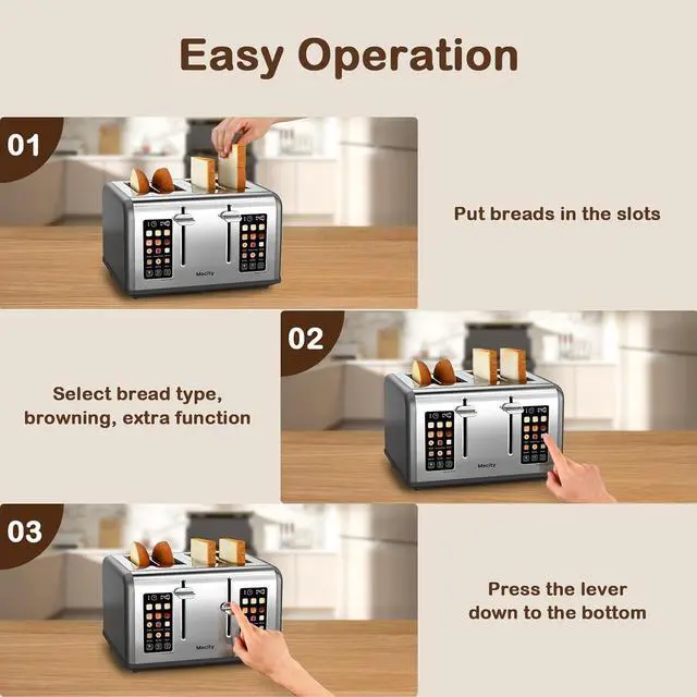 Alt view image 6 of 7 - Mecity 4 Slice Toaster with Touch Screen Control, 4 Wide Slots, Stainless Steel Smart Bread Toaster for Bagels, Muffins, Waffles, Dual Control Panel, Timer, Defrost, Reheat, 120V 1650W, Pearl Grey