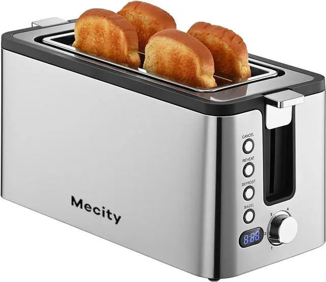 Main image of Mecity 4 Slice Toaster, Long Slot Toaster With Countdown Timer, Bagel/Defrost/Reheat/Cancel Functions,Warming Rack, Removable Tray, 6 Browning Settings, Extra Wide Slots, Stainless Steel, 1300W