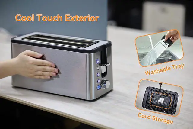 Alt view image 4 of 7 - Mecity 4 Slice Toaster, Long Slot Toaster With Countdown Timer, Bagel/Defrost/Reheat/Cancel Functions,Warming Rack, Removable Tray, 6 Browning Settings, Extra Wide Slots, Stainless Steel, 1300W