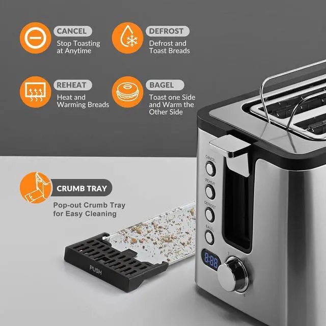 Alt view image 2 of 7 - Mecity 4 Slice Toaster, Long Slot Toaster With Countdown Timer, Bagel/Defrost/Reheat/Cancel Functions,Warming Rack, Removable Tray, 6 Browning Settings, Extra Wide Slots, Stainless Steel, 1300W